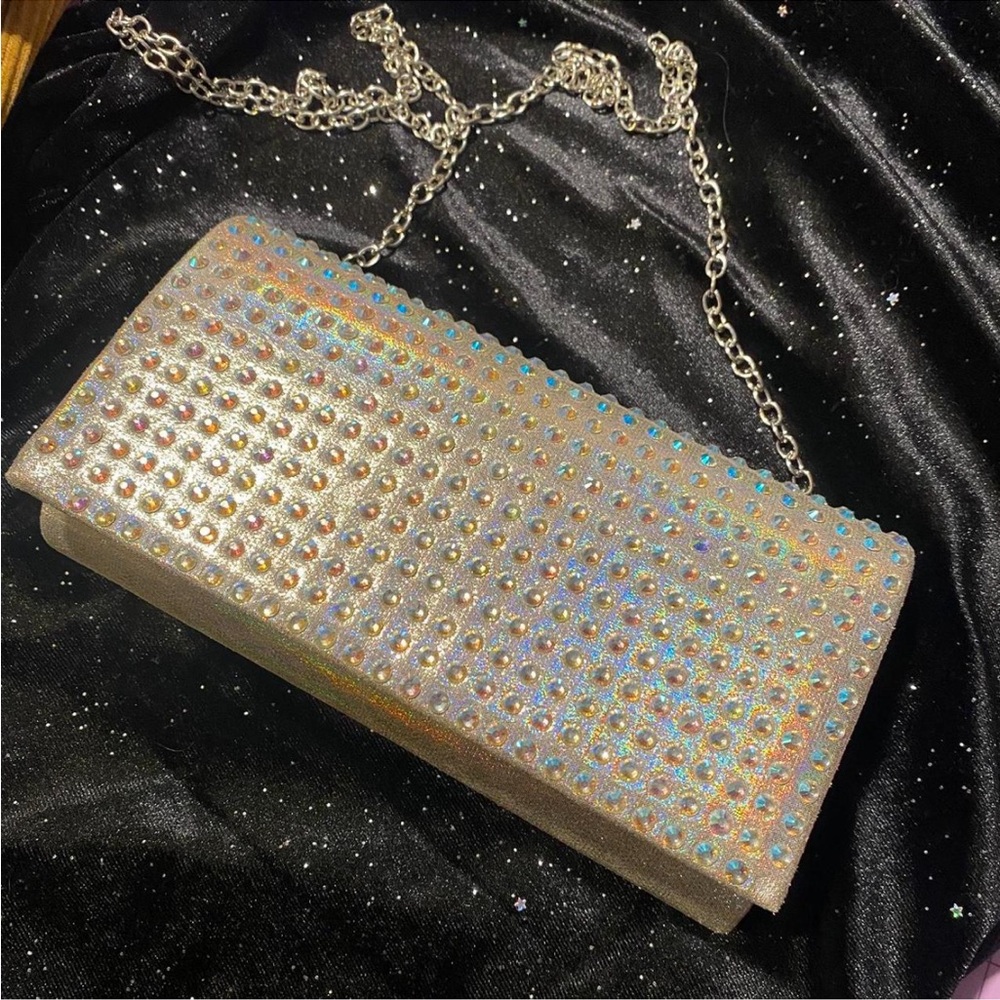 Iridescent silver metallic, rhinestoned clutch bag w/chain - Jessica McClintock